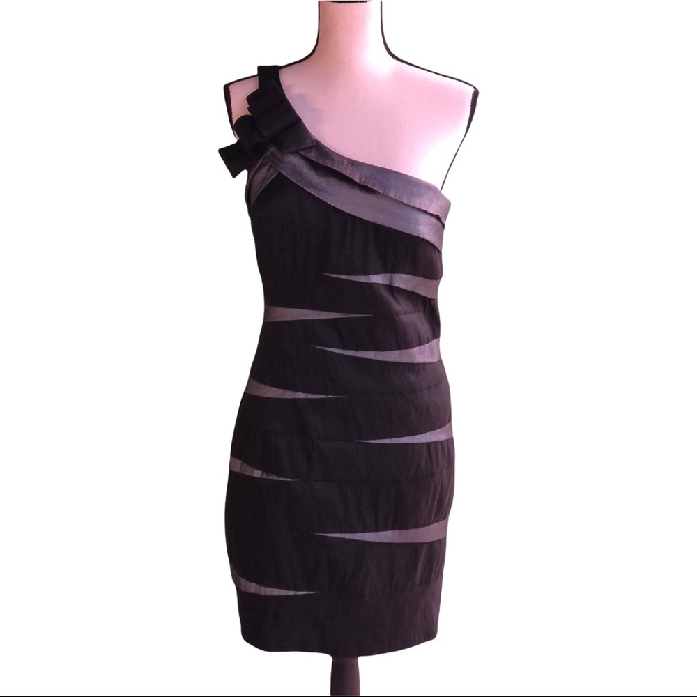 1 Shouldered Black & Gray Cocktail Evening Gown Dress Stretch Sz 16 Jade